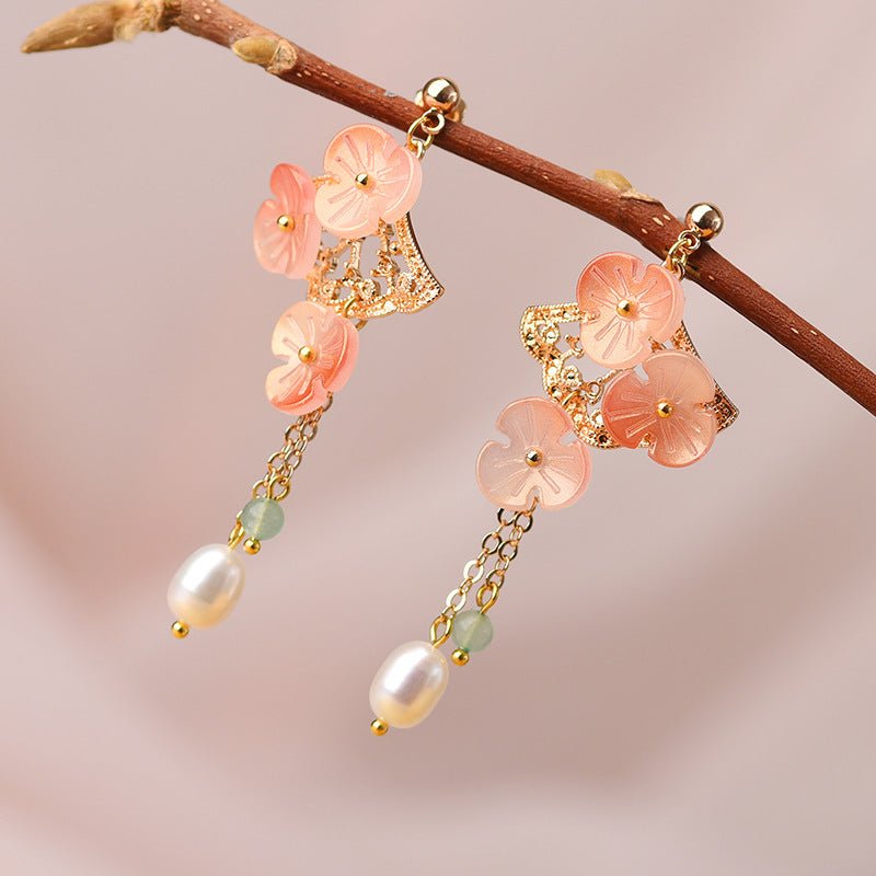 Chinese Style Gold Plated Ginkgo Leaf Pearl Mori Earrings-Jewearrings