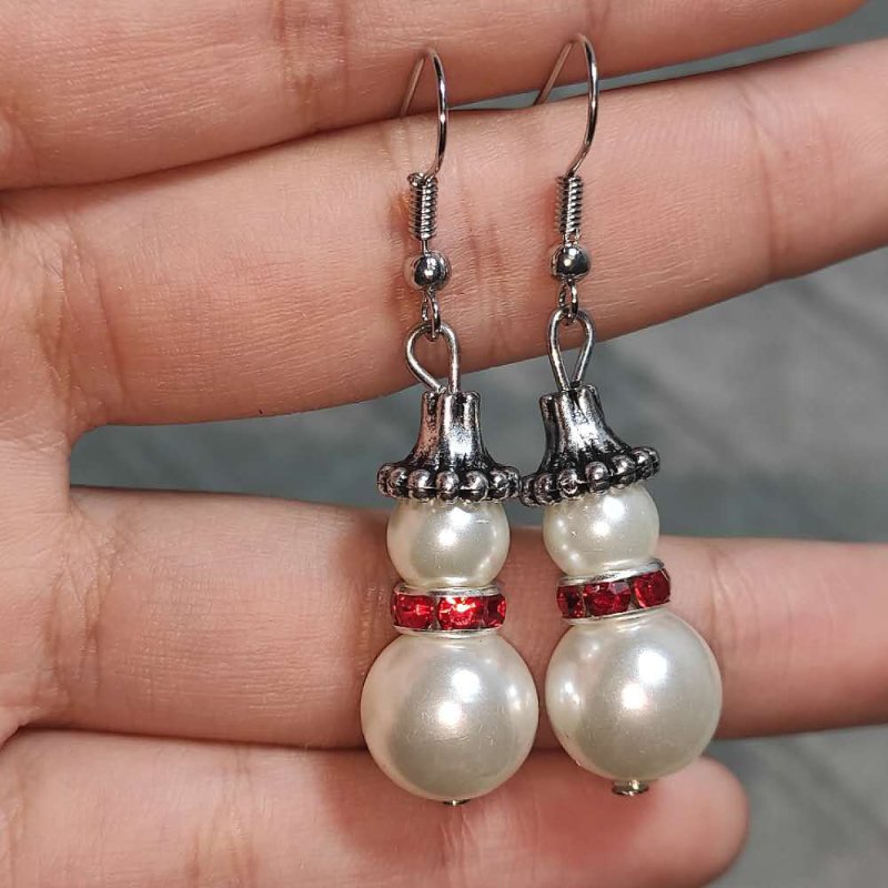 Christmas Retro Snowman Pearl Red Diamond Crystal Earrings-Jewearrings