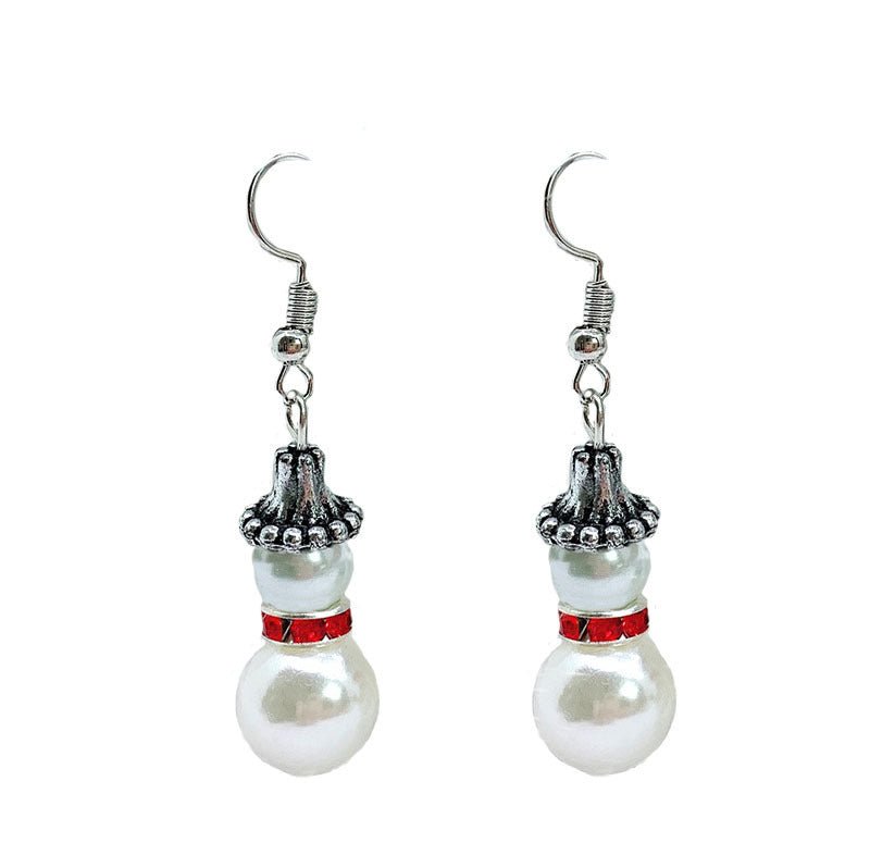 Christmas Retro Snowman Pearl Red Diamond Crystal Earrings-Jewearrings