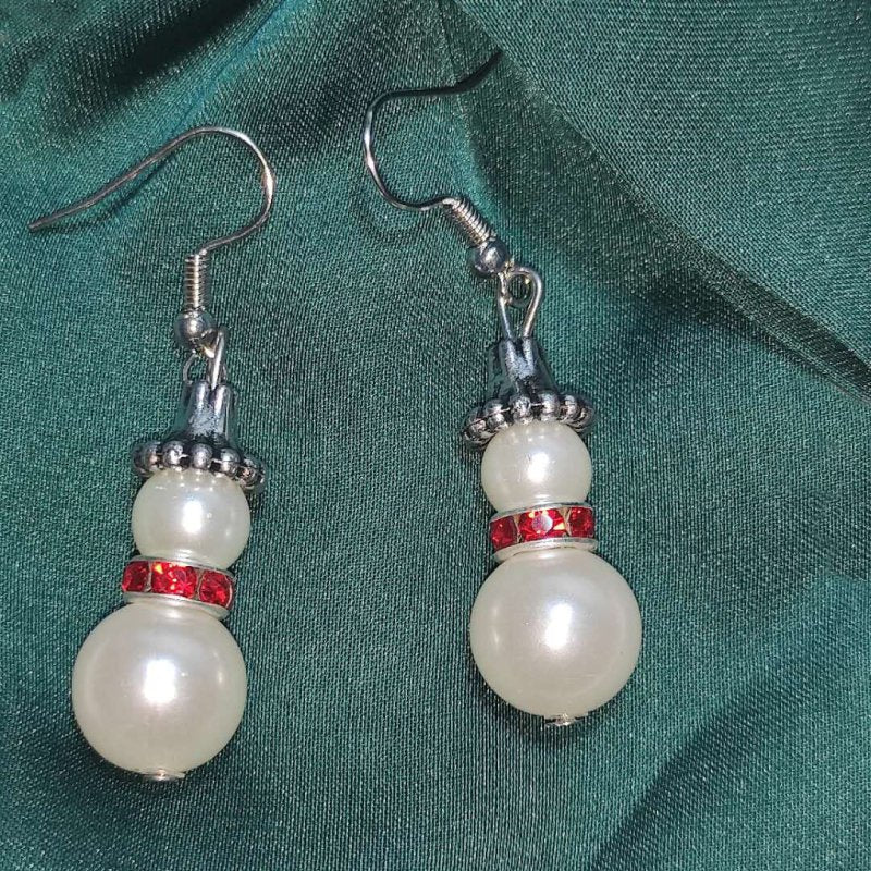 Christmas Retro Snowman Pearl Red Diamond Crystal Earrings-Jewearrings