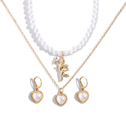 Classic Elegant Gold Pendant Pearl Necklace Earrings Set-Jewearrings