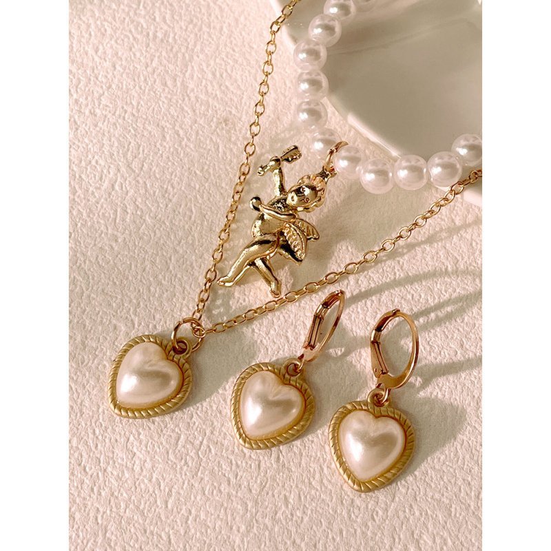 Classic Elegant Gold Pendant Pearl Necklace Earrings Set-Jewearrings