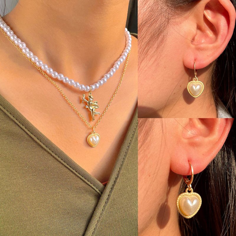 Classic Elegant Gold Pendant Pearl Necklace Earrings Set-Jewearrings