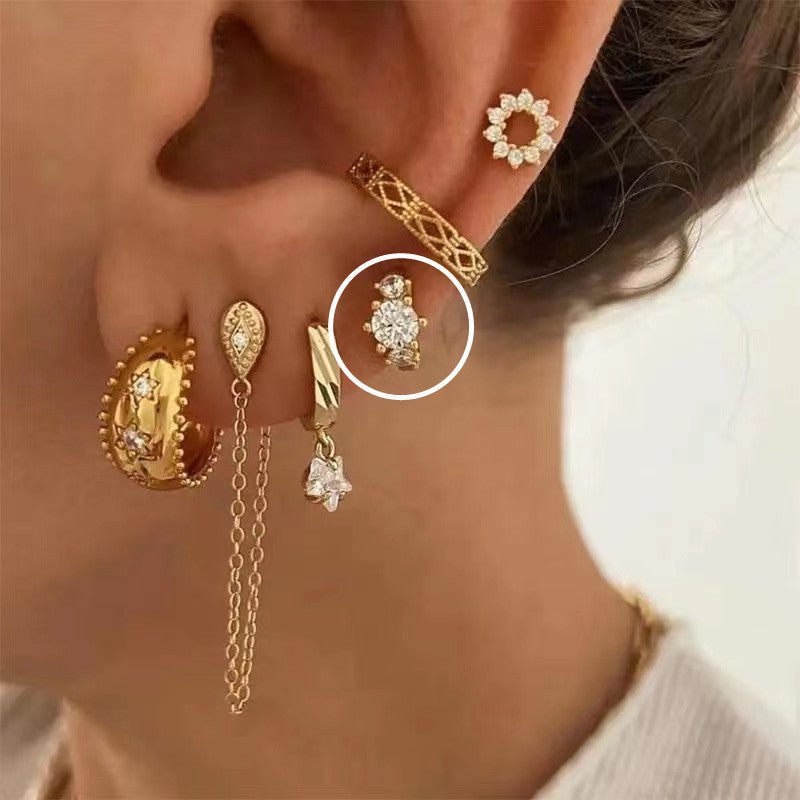 Classic Three Zircon Earrings Electroplated Real Gold Small Ear Buckle-Jewearrings