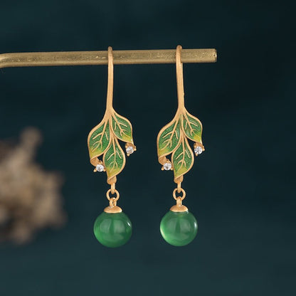 Classical Cheongsam Accessories Gold Plated Enamel Leaf Earrings-Jewearrings