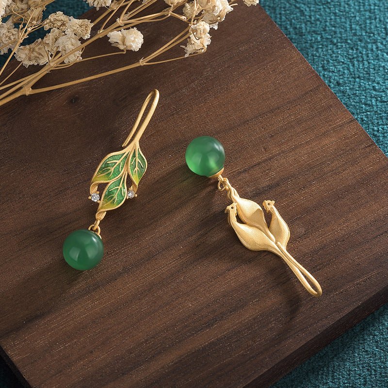 Classical Cheongsam Accessories Gold Plated Enamel Leaf Earrings-Jewearrings