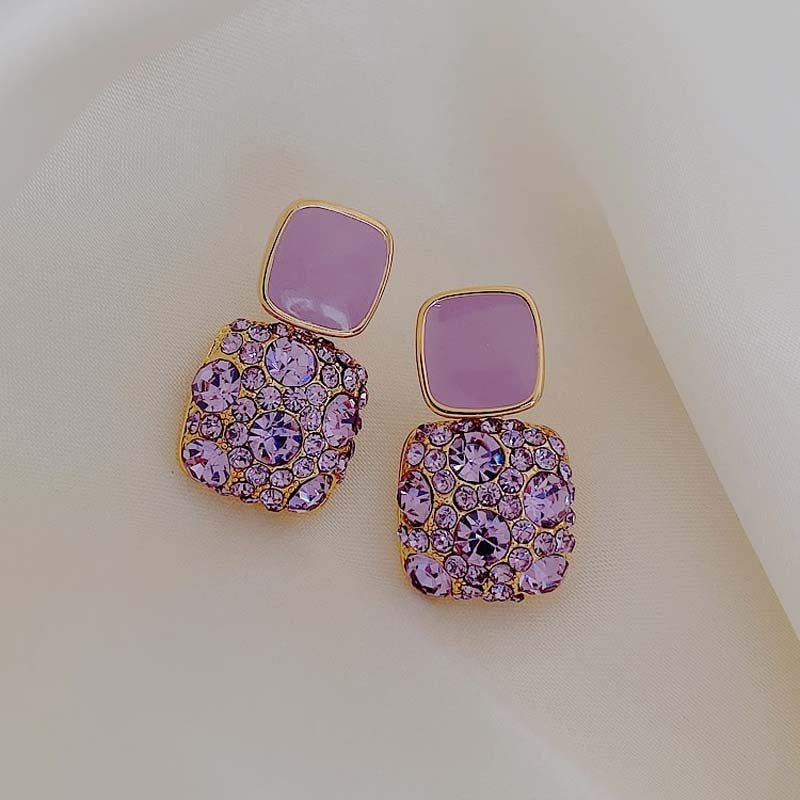 Cold Wind Purple Diamond-Studded Square Oil Drop Earrings-Jewearrings