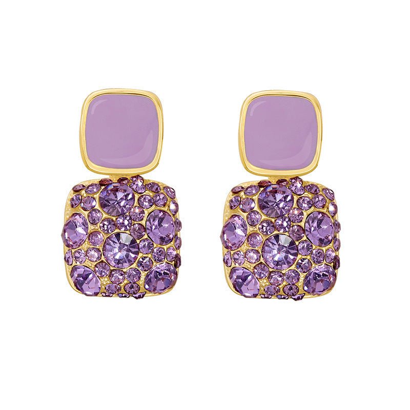 Cold Wind Purple Diamond-Studded Square Oil Drop Earrings-Jewearrings