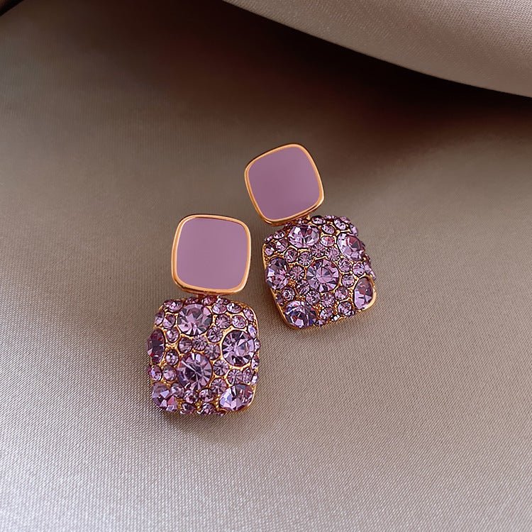 Cold Wind Purple Diamond-Studded Square Oil Drop Earrings-Jewearrings