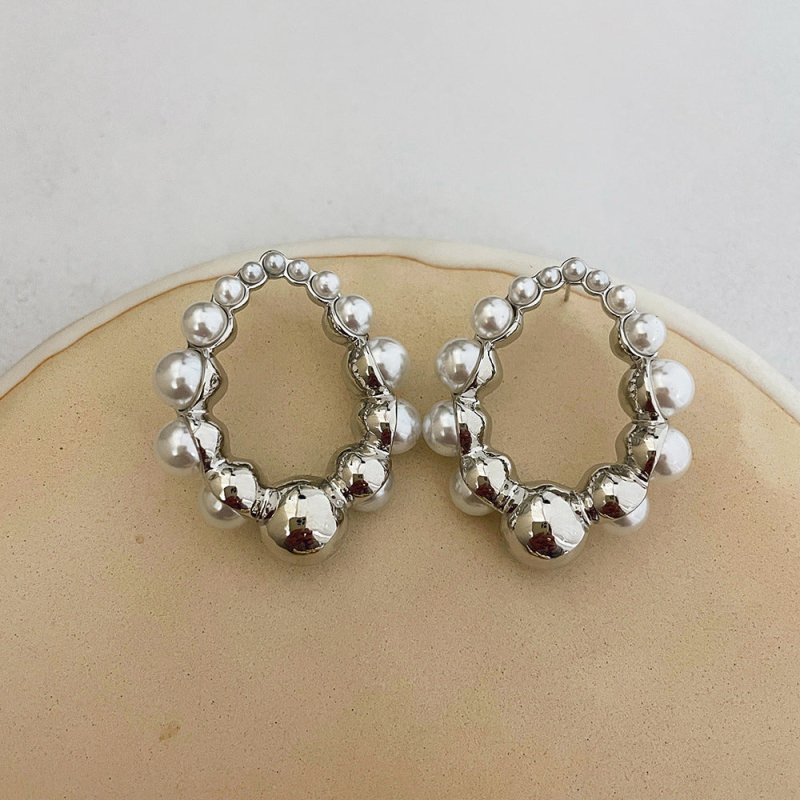 Cold Wind Silver Needle Metal Pearl Drop Earrings-Jewearrings