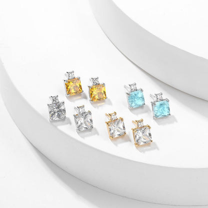 Colored Gems Blue Burst Geometric Square Zircon Earrings-Jewearrings