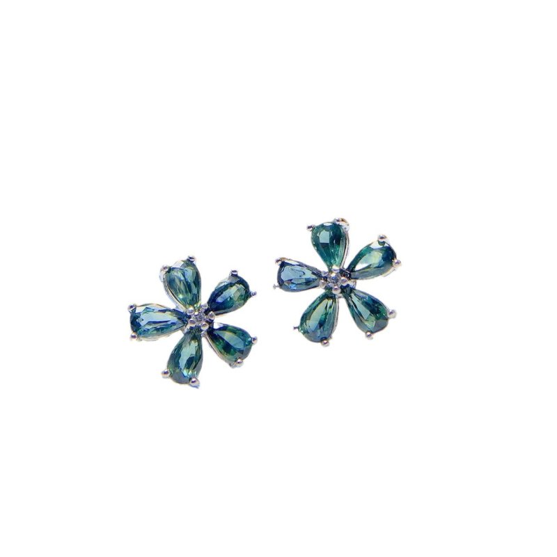 Colored Gems Jewelry 925 Silver Inlaid Natural Sapphire Water Drop Flower Stud Earrings-Jewearrings