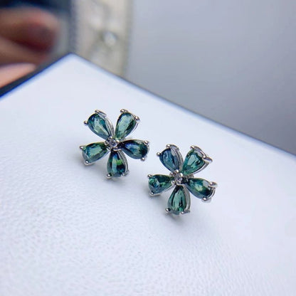 Colored Gems Jewelry 925 Silver Inlaid Natural Sapphire Water Drop Flower Stud Earrings-Jewearrings