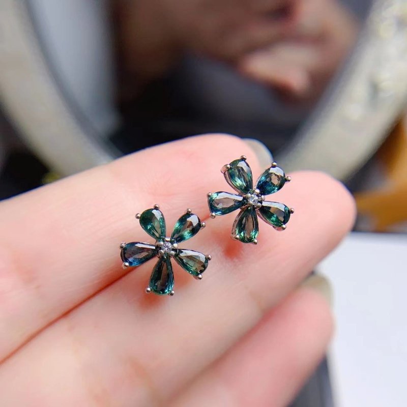 Colored Gems Jewelry 925 Silver Inlaid Natural Sapphire Water Drop Flower Stud Earrings-Jewearrings