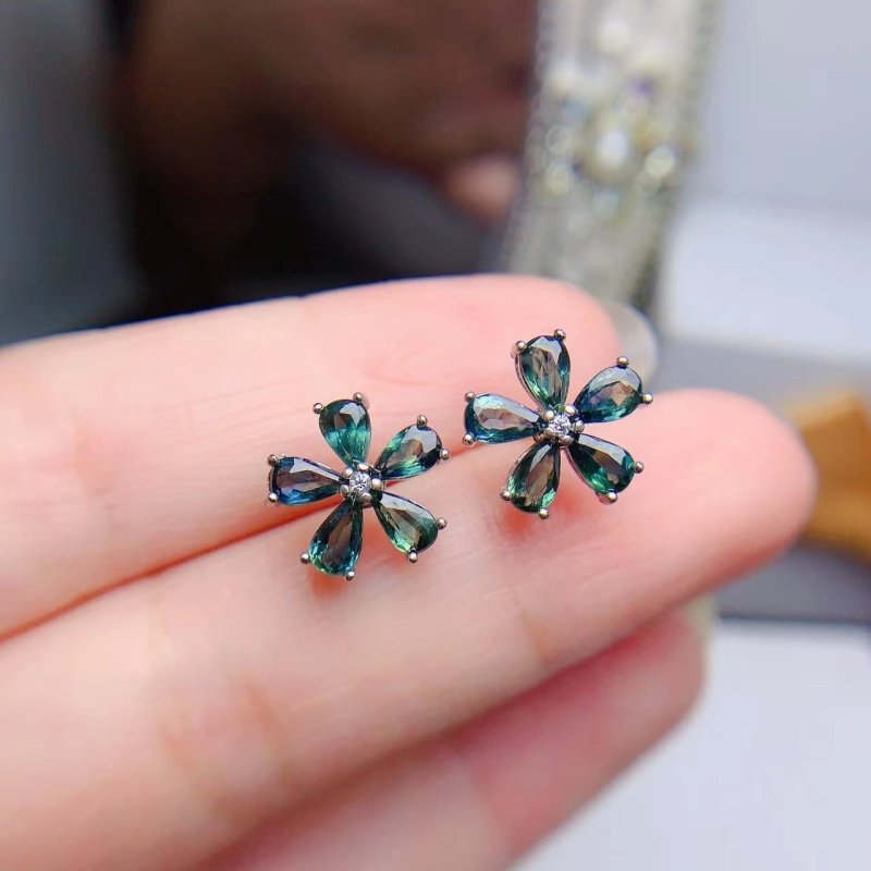 Colored Gems Jewelry 925 Silver Inlaid Natural Sapphire Water Drop Flower Stud Earrings-Jewearrings