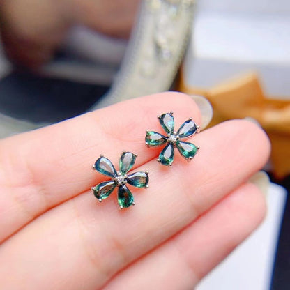 Colored Gems Jewelry 925 Silver Inlaid Natural Sapphire Water Drop Flower Stud Earrings-Jewearrings