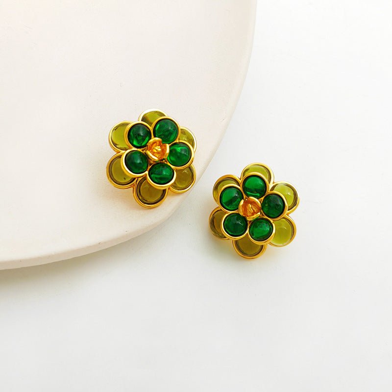 Copper Gold Plated Silver Post Vintage Green Flower Stud Earrings-Jewearrings