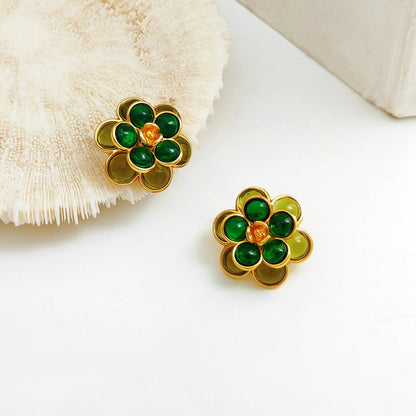 Copper Gold Plated Silver Post Vintage Green Flower Stud Earrings-Jewearrings