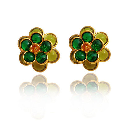 Copper Gold Plated Silver Post Vintage Green Flower Stud Earrings-Jewearrings