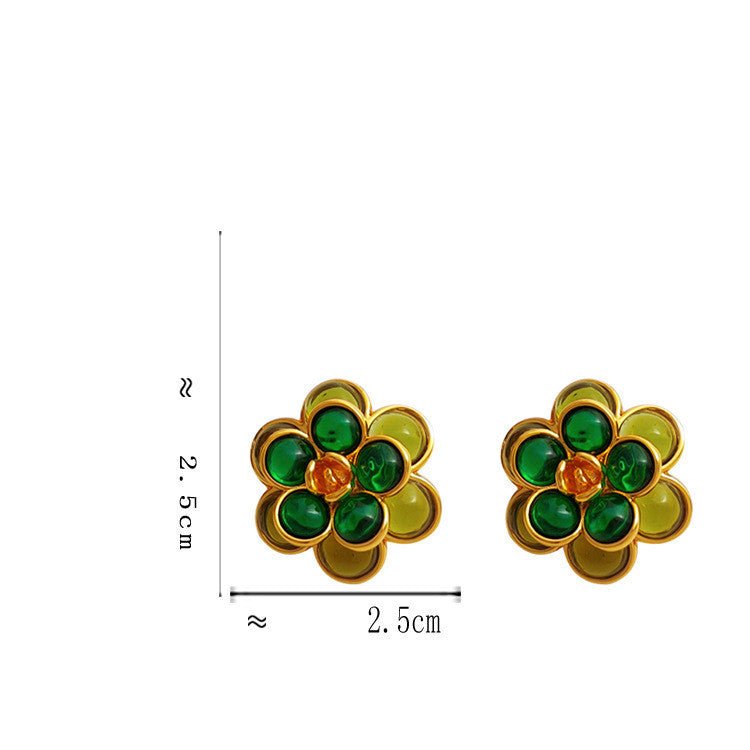 Copper Gold Plated Silver Post Vintage Green Flower Stud Earrings-Jewearrings