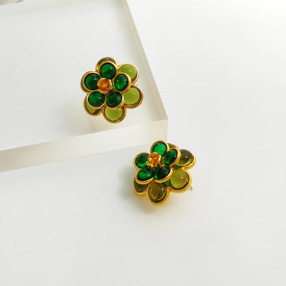 Copper Gold Plated Silver Post Vintage Green Flower Stud Earrings-Jewearrings