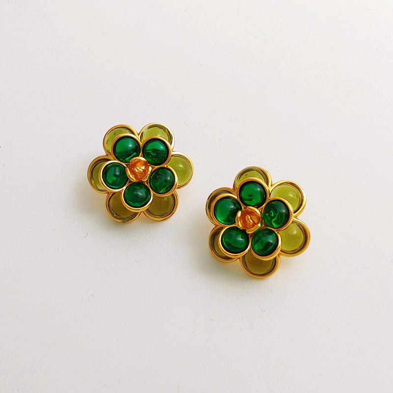 Copper Gold Plated Silver Post Vintage Green Flower Stud Earrings-Jewearrings