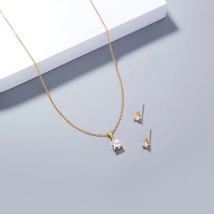 Copper Gold Plated Waterdrop Zircon Pendant Necklace Stud Earrings Set Ornament-Jewearrings