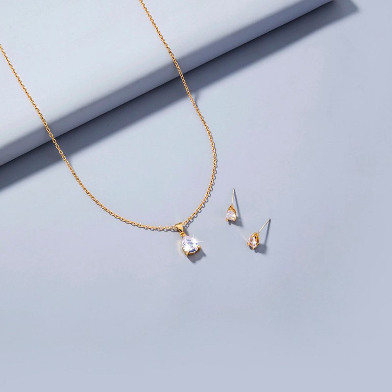 Copper Gold Plated Waterdrop Zircon Pendant Necklace Stud Earrings Set Ornament-Jewearrings