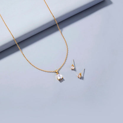 Copper Gold Plated Waterdrop Zircon Pendant Necklace Stud Earrings Set Ornament-Jewearrings