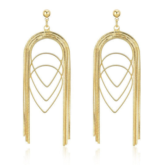 Copper-plated Real Gold Thin Chain Geometric Multi-layer Drop-shaped Long Earrings-Jewearrings