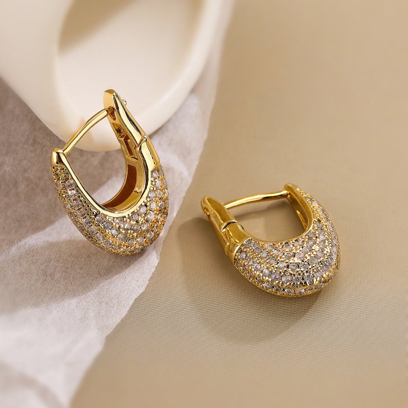 Copper Plating 18K Gold Inlaid Zircon U-shaped Earrings-Jewearrings