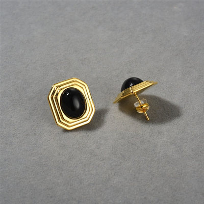 Copper Plating 18K Real Gold Inlaid Black Agate Square Stud Earrings Eardrops Earrings-Jewearrings