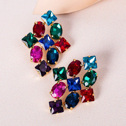 Creative Alloy Diamond-studded Geometric Colored Diamond Earrings-Jewearrings