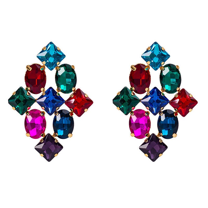 Creative Alloy Diamond-studded Geometric Colored Diamond Earrings-Jewearrings