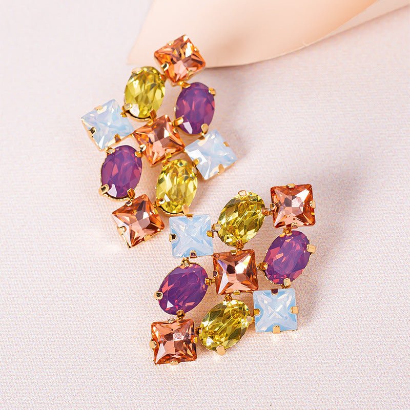 Creative Alloy Diamond-studded Geometric Colored Diamond Earrings-Jewearrings