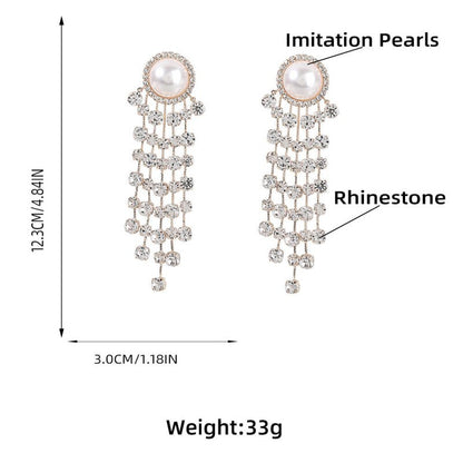 Creative Alloy Inlaid Pearl Diamond Rhinestone Long Fringe Earrings Female-Jewearrings