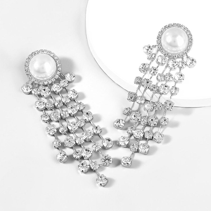 Creative Alloy Inlaid Pearl Diamond Rhinestone Long Fringe Earrings Female-Jewearrings