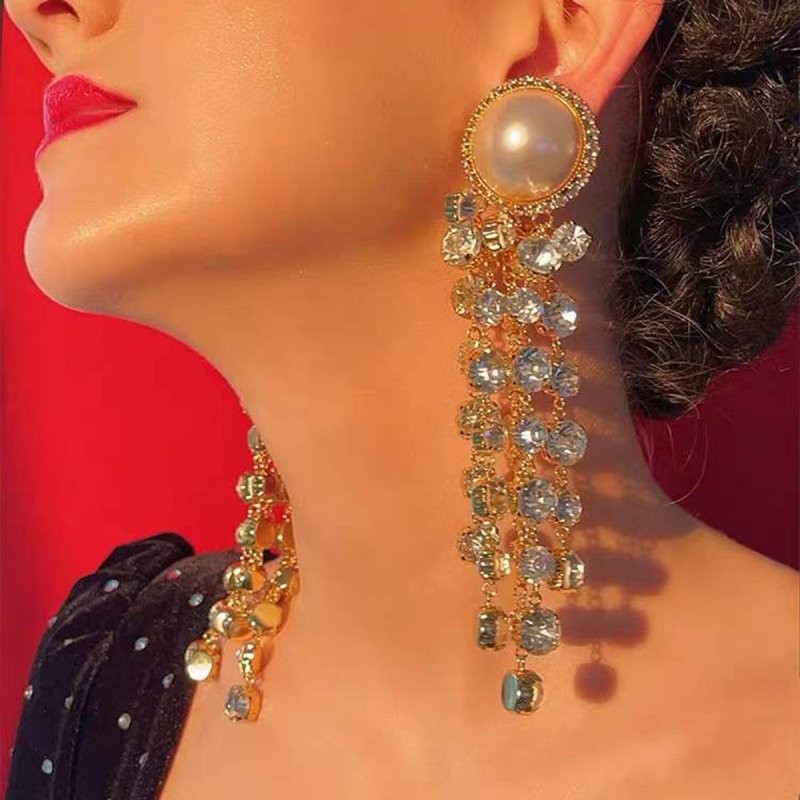 Creative Alloy Inlaid Pearl Diamond Rhinestone Long Fringe Earrings Female-Jewearrings