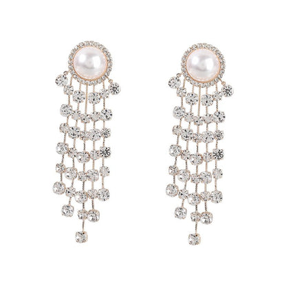 Creative Alloy Inlaid Pearl Diamond Rhinestone Long Fringe Earrings Female-Jewearrings