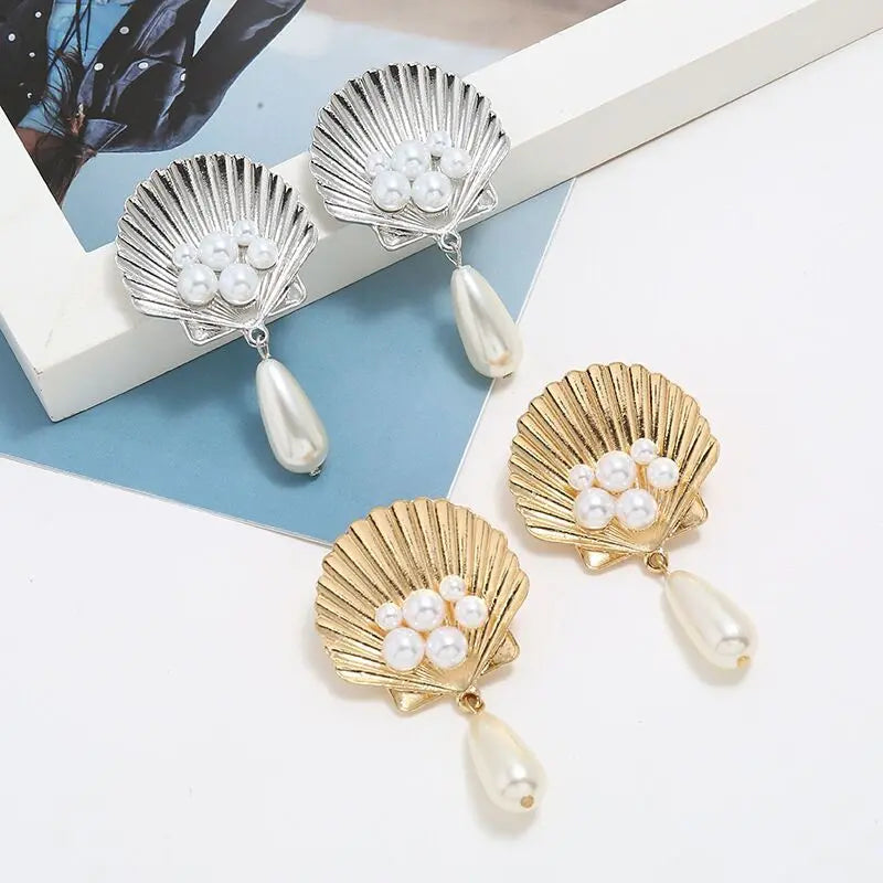 Creative Alloy Shell Pearl Earrings Women-Jewearrings