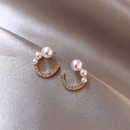 Creative Diamond-Studded Pearl C-Shaped Earrings-Jewearrings