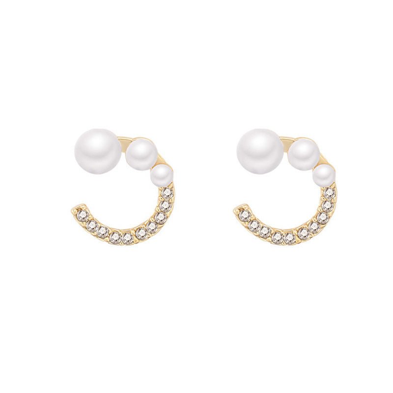 Creative Diamond-Studded Pearl C-Shaped Earrings-Jewearrings