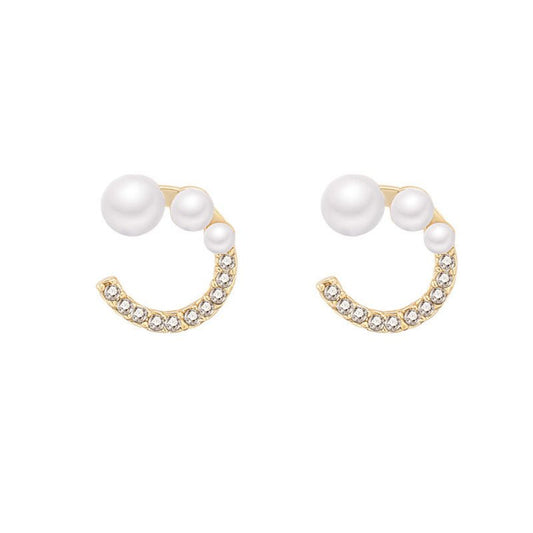 Creative Diamond-Studded Pearl C-Shaped Earrings-Jewearrings