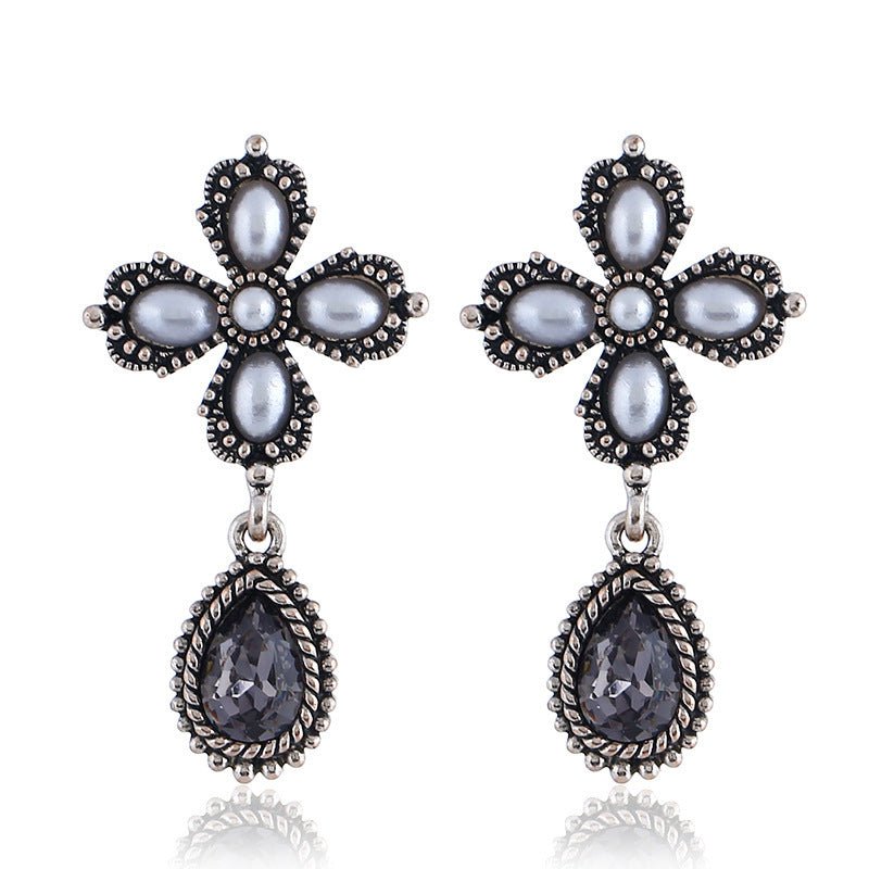 Creative Four-leaf Clover Pearl Inlaid Gemstone Drop Earrings-Jewearrings