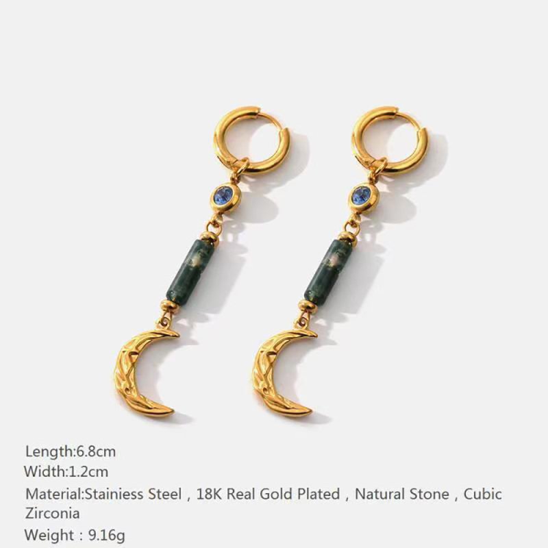 Creative Natural Stone Earrings Stainless Steel 18K Furnace Real Gold Plating Moon Pendant Earrings-Jewearrings