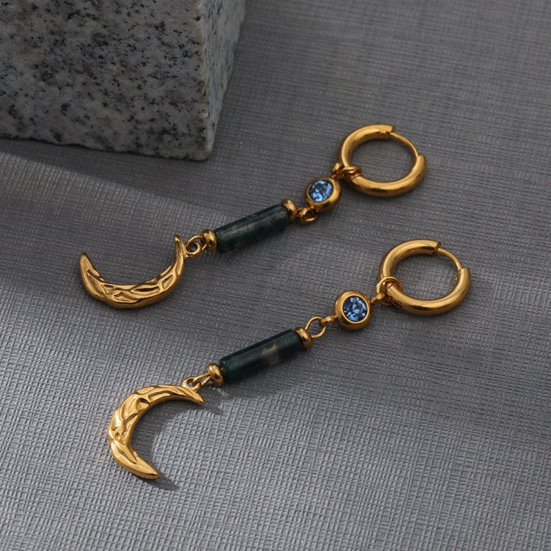 Creative Natural Stone Earrings Stainless Steel 18K Furnace Real Gold Plating Moon Pendant Earrings-Jewearrings