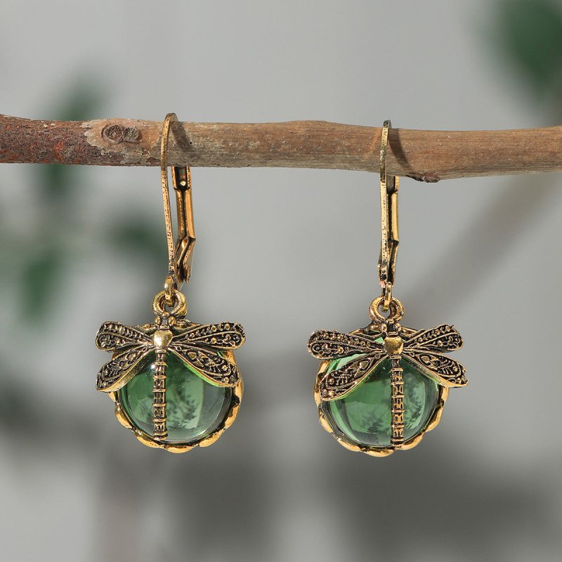 Creative Retro Dragonfly Green Crystal Pendant Earrings-Jewearrings