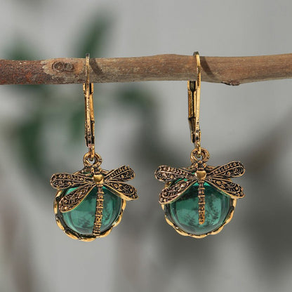 Creative Retro Dragonfly Green Crystal Pendant Earrings-Jewearrings