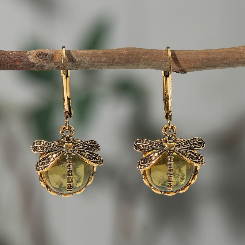 Creative Retro Dragonfly Green Crystal Pendant Earrings-Jewearrings