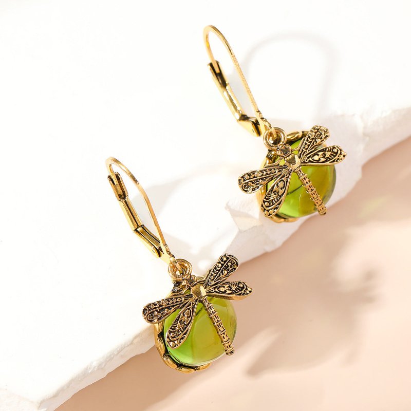 Creative Retro Dragonfly Green Crystal Pendant Earrings-Jewearrings